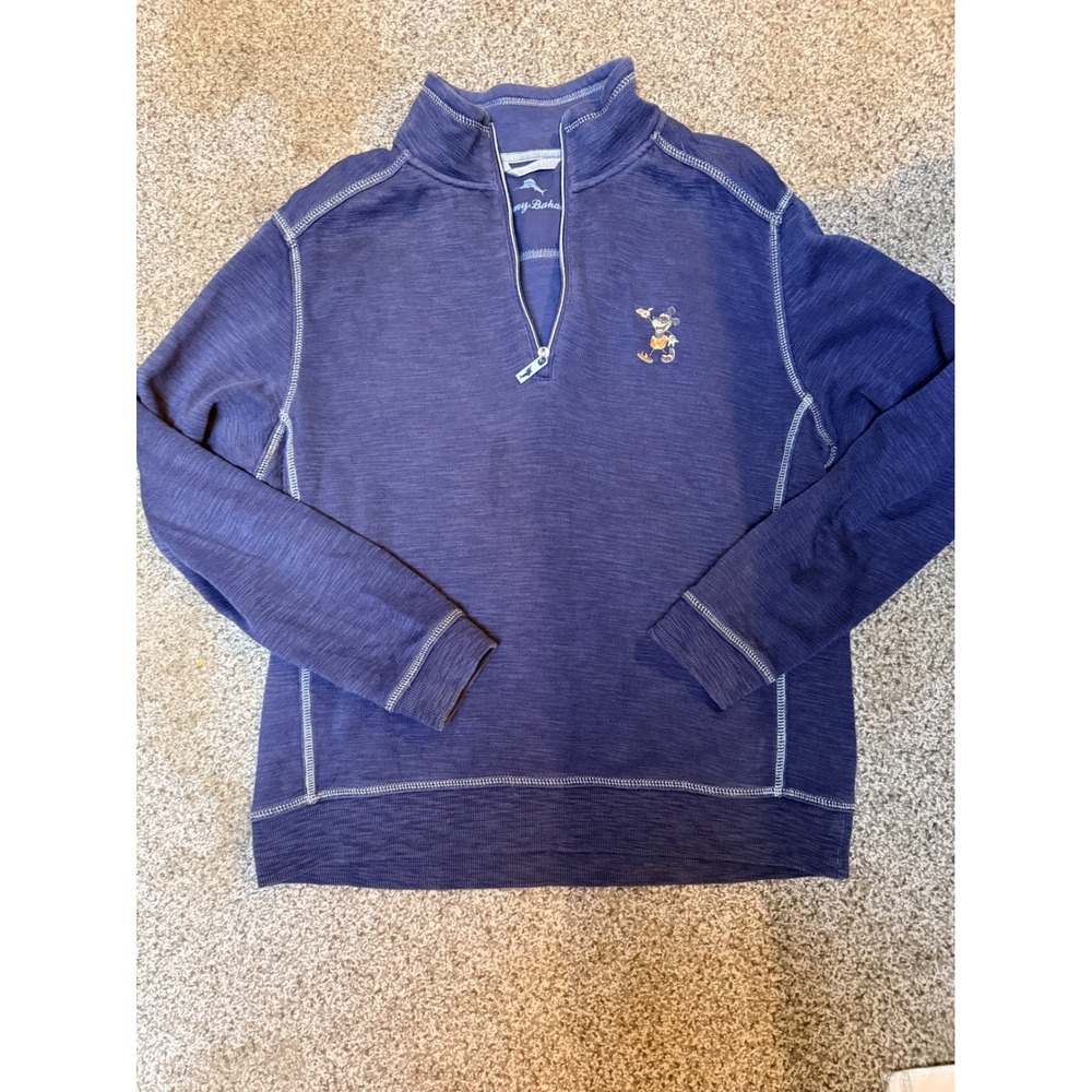 Tommy Bahama Mens Mickey Mouse Quarter Zip Pullover Blue Slub Knit Sweatshirt S